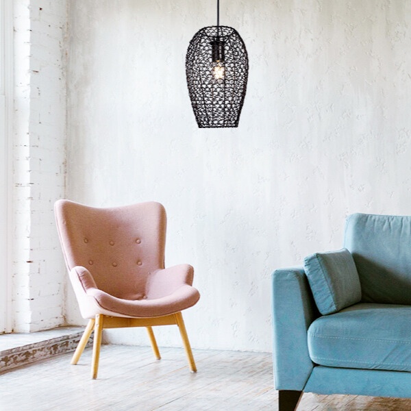 cage-pendant-light-beside-teal-couch-over-pin-chair