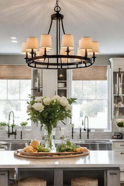 chandelier-in-a-modern-farmhouse-kitchen-over-flowers-and-an-island